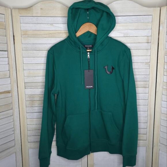 NWT True Religion Buddha Fleece Jacket Green Overlap Full Zip Hoodie Medium New - Picture 2 of 10